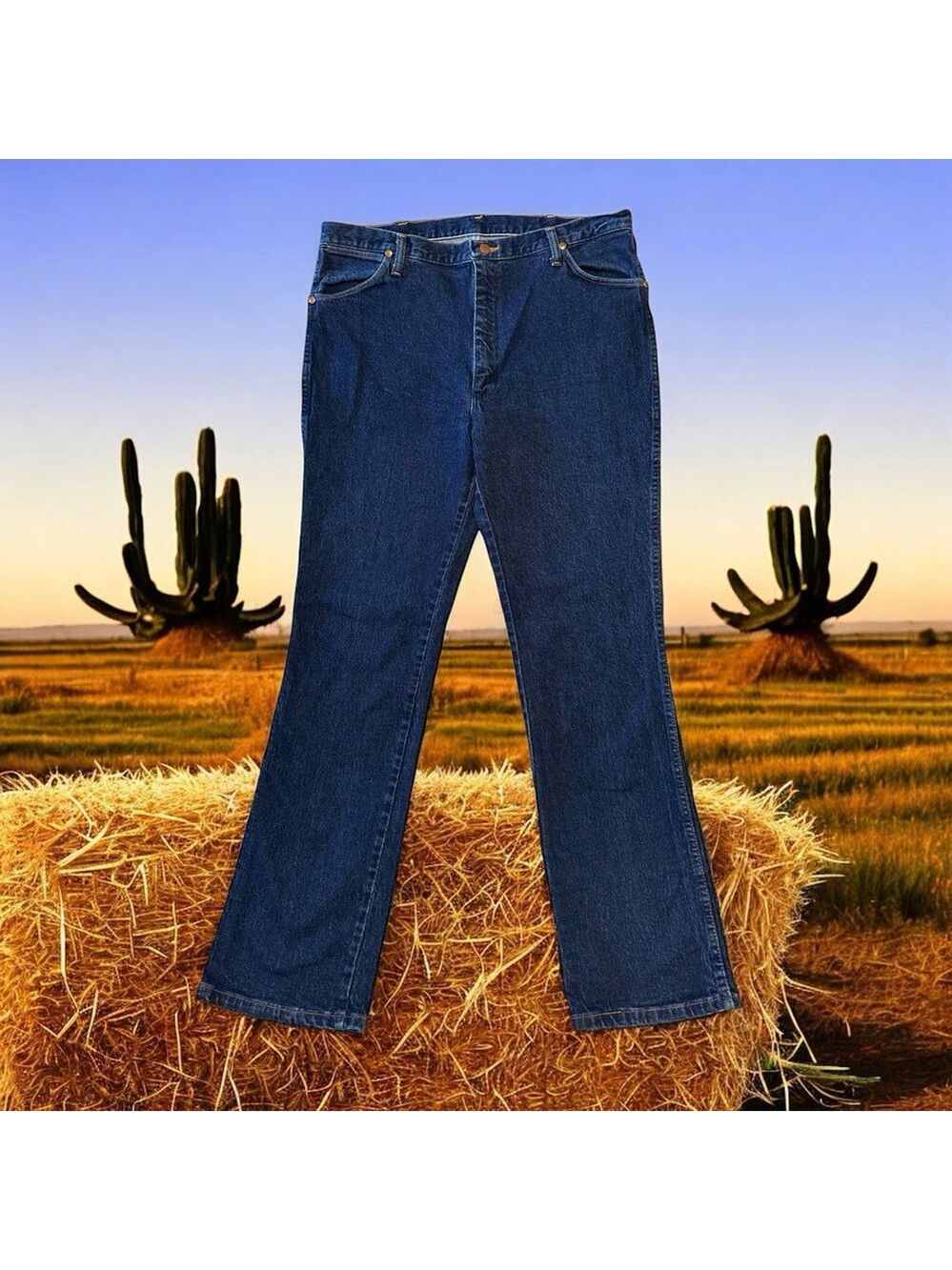 Wrangler Jeans Straight Leg Mens Size 38 X 32 Blue Leather Logo Zipper Distress